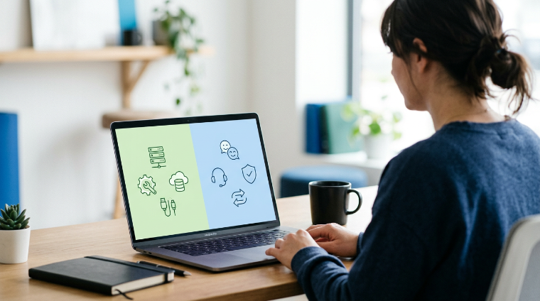 Eigenaar van een klein bedrijf vergelijkt managed website service en zelfbeheerde hostingtaken op een laptop.