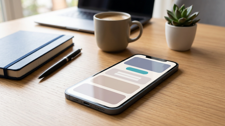 Smartphone met een strak abstract mobiel websiteontwerp op een opgeruimd bureau.