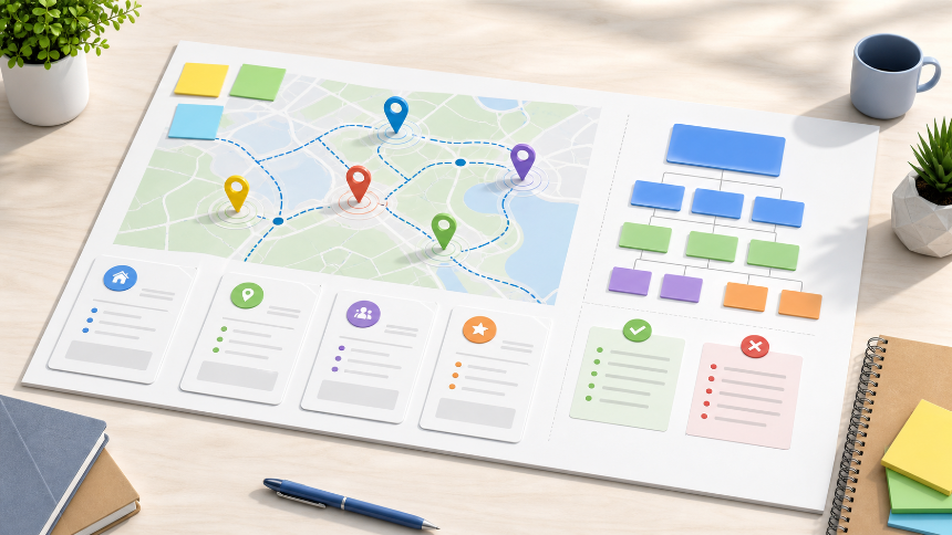 Planningsbord voor een kleine bedrijfswebsite met locatiepinnen en kaarten voor servicegebied-pagina's.