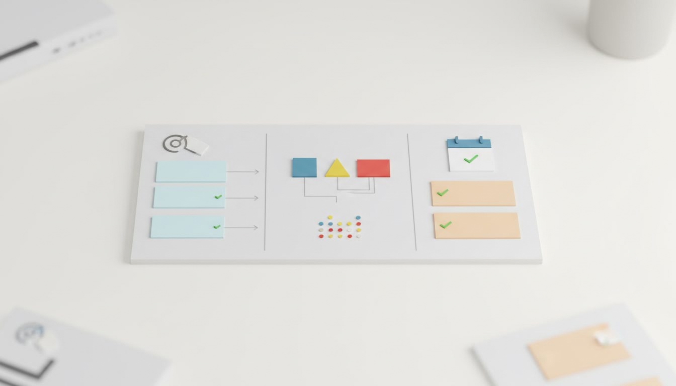 Tekstloos planningsbord voor website-migratie met abstracte kaarten, pijlen, vinkjes, DNS-blokken en een lanceerkalender.