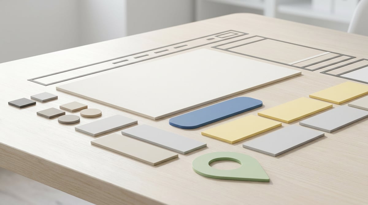 Layout di pianificazione homepage senza testo con sezioni chiare per offerta, posizione, fiducia, servizi e call to action.