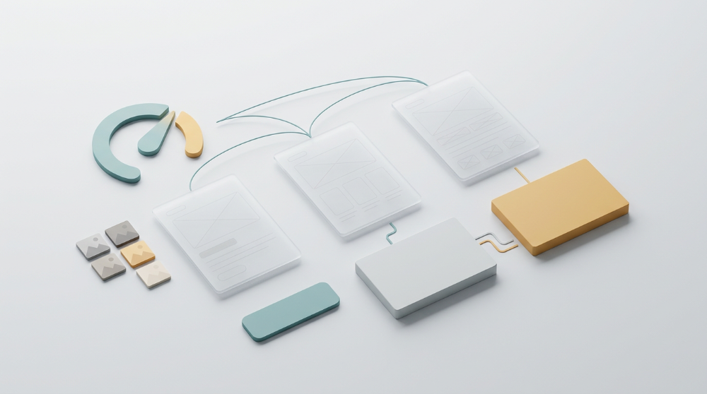 Tableau abstrait de performance web avec indicateur de vitesse, cartes de pages, vignettes d'images, connexions de widgets et blocs d'hebergement.