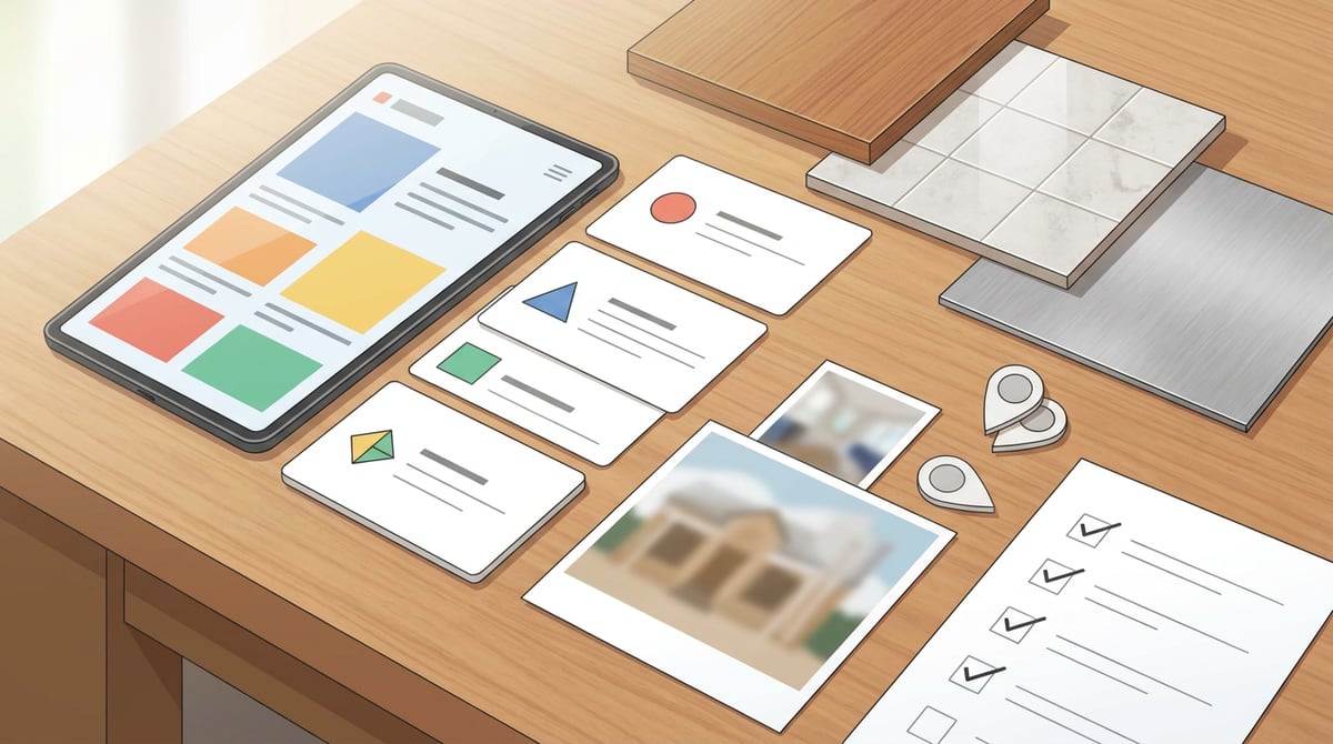 Lista web para contratistas en una mesa de planificación con páginas de servicios, galería de proyectos, SEO local, formulario de presupuesto y notas de CMS.