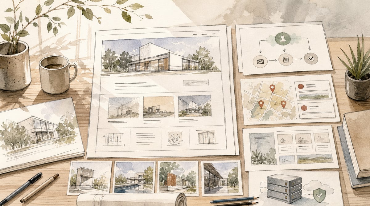 Architecture firm website planning desk with project portfolio cards, local SEO notes, CMS blocks, and consultation inquiry flow.