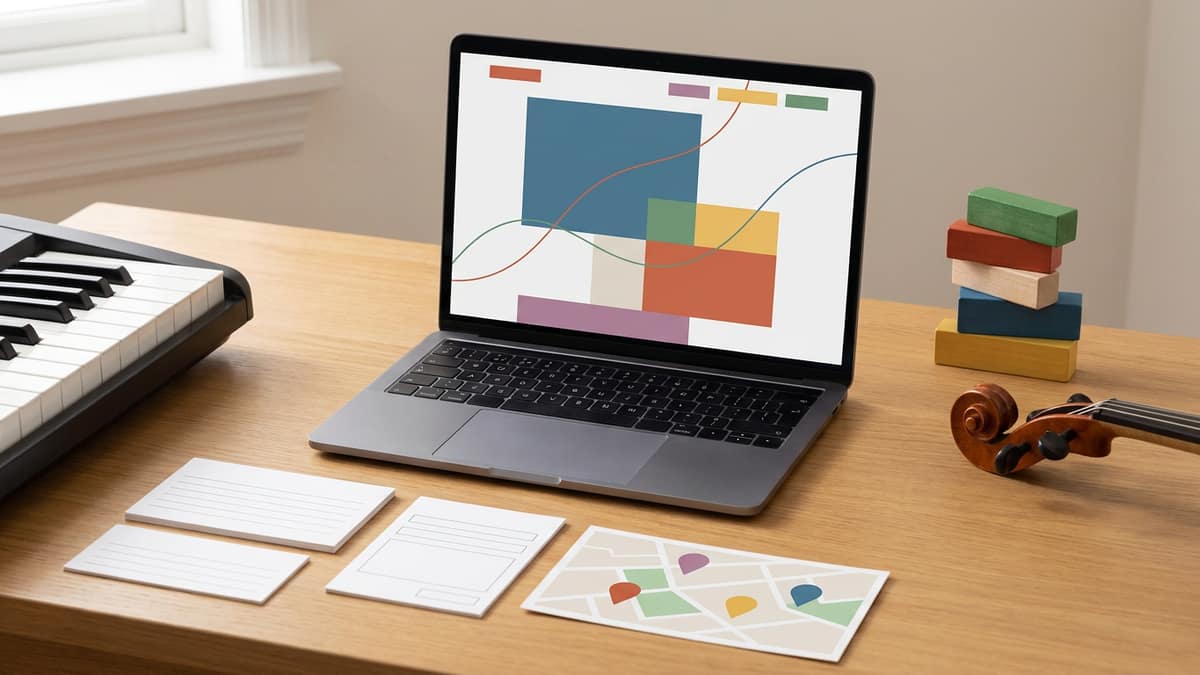 Music school website planning desk with lesson program cards, trial lesson form, local SEO notes, and CMS update blocks.