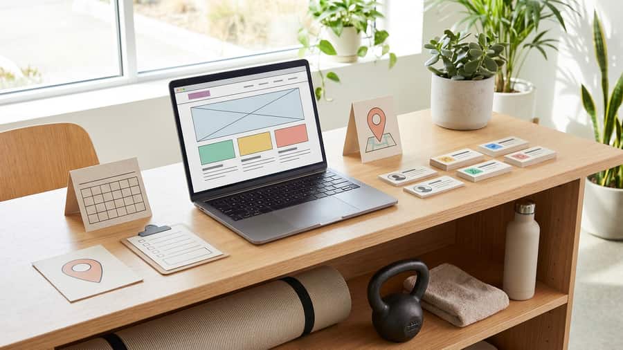 Mesa de planificacion de sitio web estudio fitness con tarjetas de horario, formulario de oferta inicial, notas SEO local y bloques CMS.