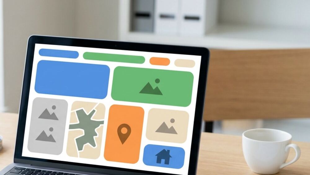 Vastgoedmakelaar website op een laptop met abstracte vastgoedindeling, lokale pagina’s, leadformulieren en CMS-blokken.