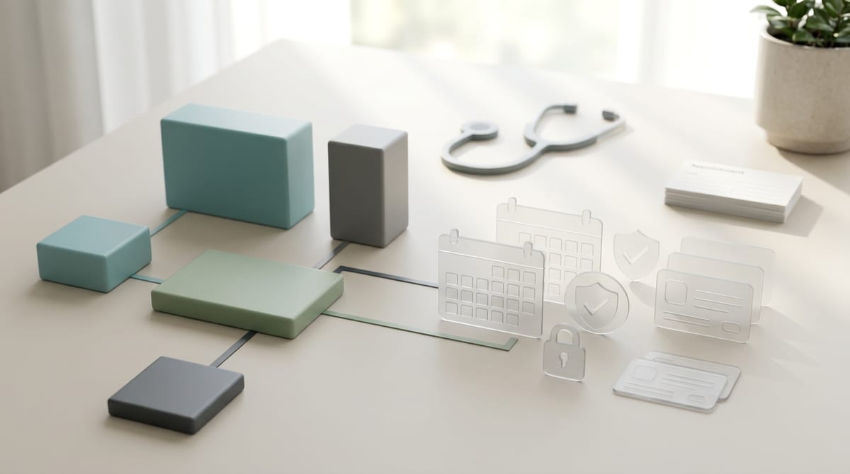 Medical clinic website planning desk with appointment routing, service pages, local SEO, and secure patient intake notes.