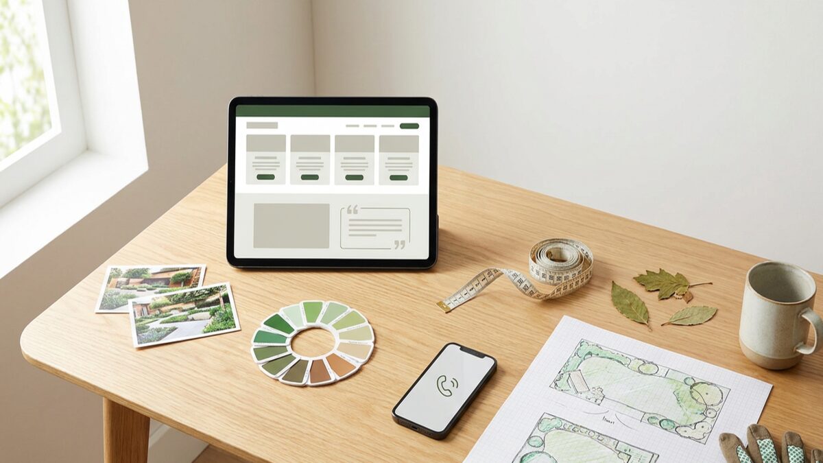 Bureau de planification d'un site web paysagiste avec pages de services, formulaire de devis, notes de SEO local, mises à jour saisonnières et checklist d'hébergement géré.