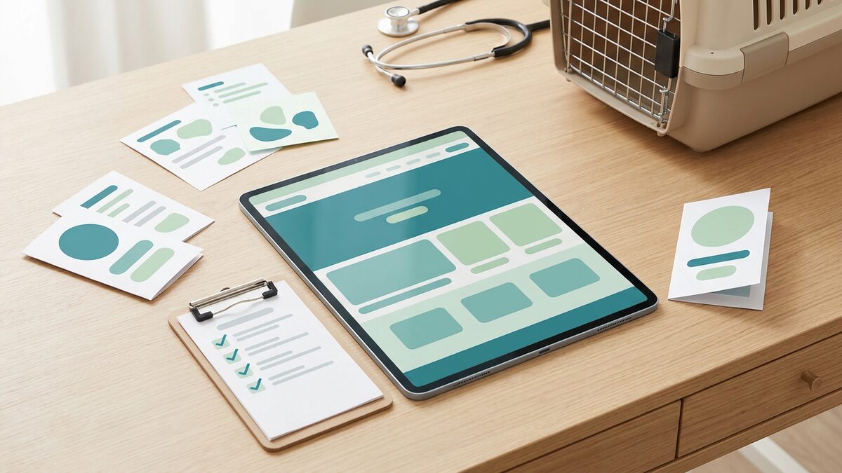 Bureau de planification d’un site web de clinique vétérinaire avec pages de services, demandes de rendez-vous, SEO local et notes CMS.